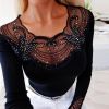 Lace Neck Long Sleeve Women Blouse Slim Fit Elastic Tunic Top Off Shoulder Lace Stitching Casual Blouse Streetwear